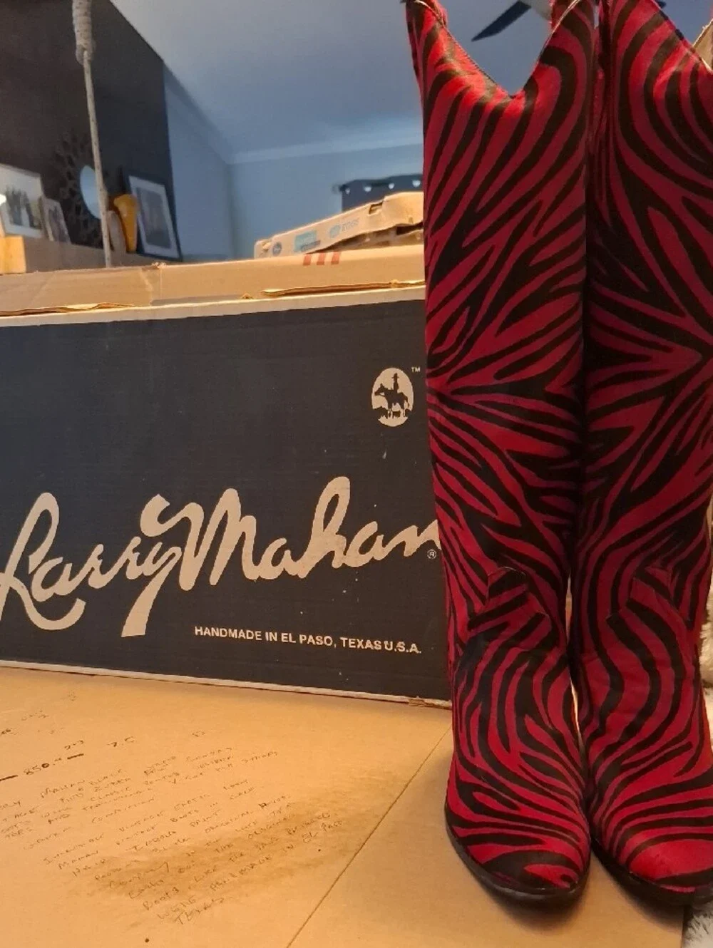 Larry Mahan Vintage Exotic Boots In Red And Black Calf Hair Zebra Print